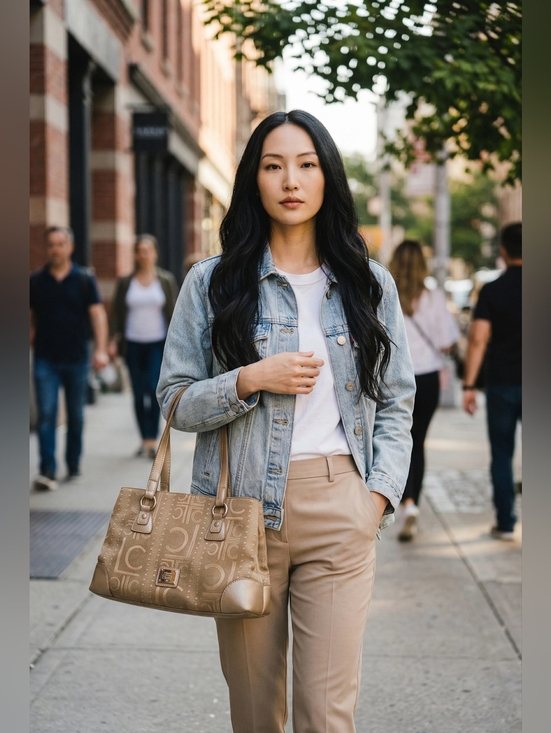 Liz Claiborne Handbags - Liz Claiborne Gold & Champagne Colored Faux Leather & Fabric Monogram Handbag